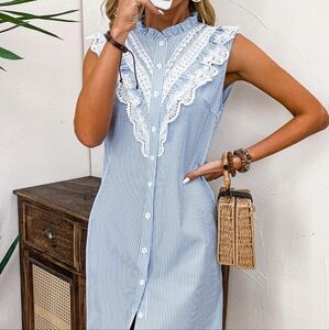 Style Striped Lace Patchwork Front Button Sleeveless Midi Dress For Summer